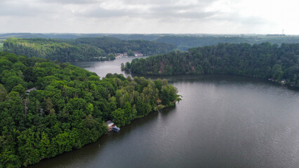 Obraz premium Aerial View over the Kriebstein Nature Reserve, the dam, in Saxony, Germany.