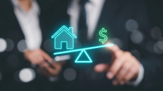 Real Estate Value Concept: Neon Cyan House Icon and Green Dollar Symbol Balanced on Digital Scale Hologram Against Blurred Background