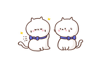Fototapeta premium Cat looking bewildered at another cat wearing the exact same blue ribbon necklace and looking confident, copycat and imitation concept