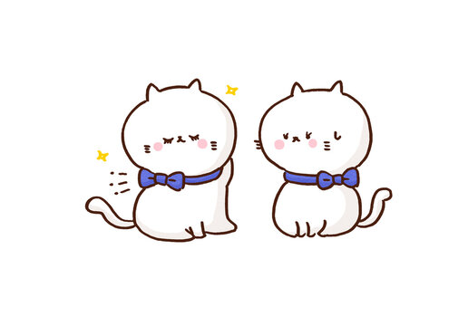 Cat looking bewildered at another cat wearing the exact same blue ribbon necklace and looking confident, copycat and imitation concept