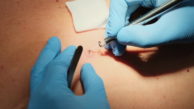 Dermatologist removes patient mole with laser coagulation in clinic slow motion. Doctor hands conducts operation on man skin to cut out birthmark