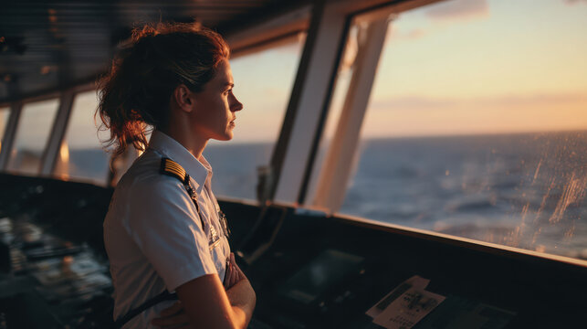 Female captain standing on ship bridge looking out at ocean during sunset