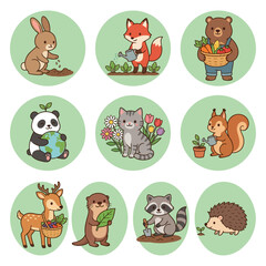 Obraz premium Cute cartoon animals gardening and caring for the environment in a collection of green circles.