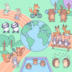 Naklejka premium Cute cartoon animals playing various sports and activities around the Earth, promoting global unity and healthy living.