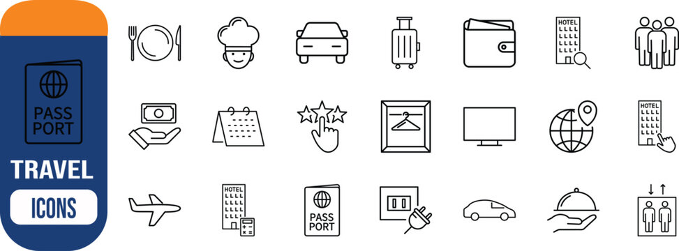 Hotel booking and travel services. hotel icon set, airplane icon set, luggage icon set