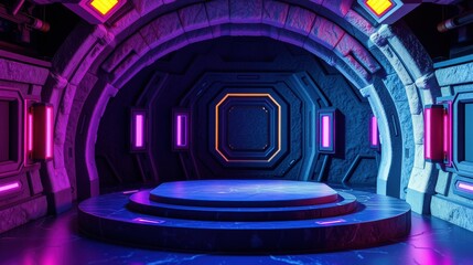 Fototapeta premium Futuristic interior. Dark room features glowing neon lights, circular stage, arched stone walls. Dramatic lighting creates intense atmosphere.