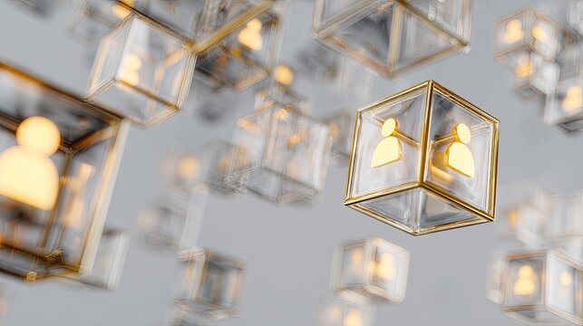 Transparent cubes with glowing person icons float