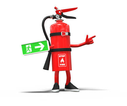 3D cartoon fire extinguisher character holding an emergency exit sign and pointing, isolated on a transparent background