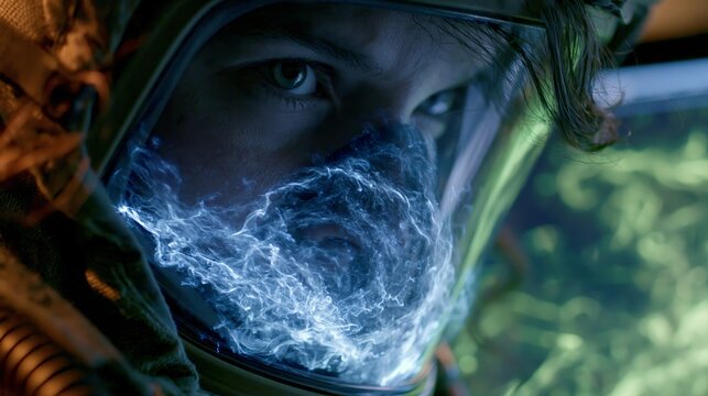 A close-up portrait of a woman wearing a futuristic helmet with a transparent visor