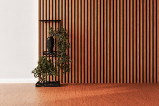 Modern empty room interior with wooden slat wall and bonsai decor