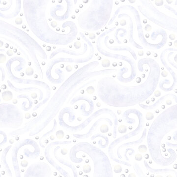 Snowballs and winter snow blizzard watercolor seamless pattern on white. Hand drawn holiday repeat background with frost swirls in pastel blue. Light and simple snowy backdrop for fabrics