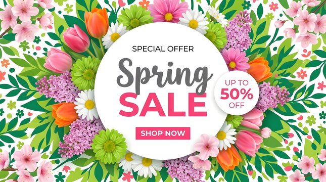 Vibrant spring floral sale banner with discount offer