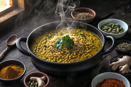 High angle view of a steaming, freshly cooked yellow moong dal dish garnished with fresh herbs in a black pot, surrounded by aromatic indian spices on a dark wood background.