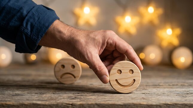 Close up of person hand choosing happy smiley face wooden circle button for customer satisfaction service rating evaluation feedback survey concept