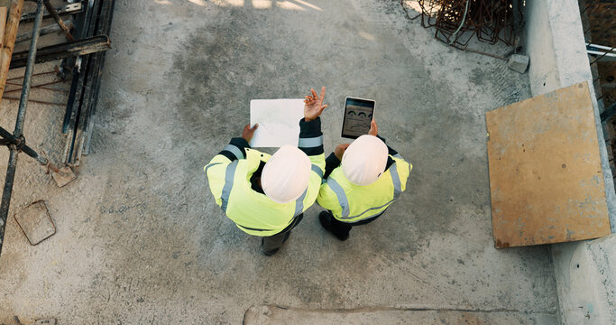 People, architect and team with tablet or blueprint on construction site for building design. Top view, contractor or civil engineer with technology or floor layout for architecture or planning