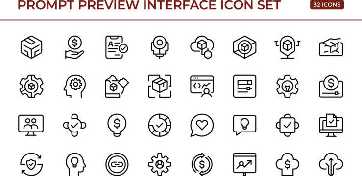 Prompt preview interface icon set for AI workflow, financial management, digital tools, user interface, and business productivity