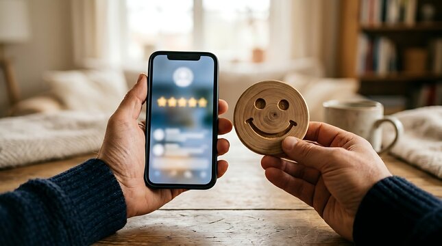 Close up of hands holding smartphone with five stars review rating screen and happy wooden smiley face token for mobile app user feedback concept