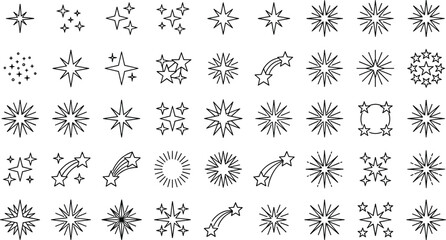 Black line art collection of diverse star icons including sparkles, bursts, shooting stars, and celestial decorative designs © Niheranjan