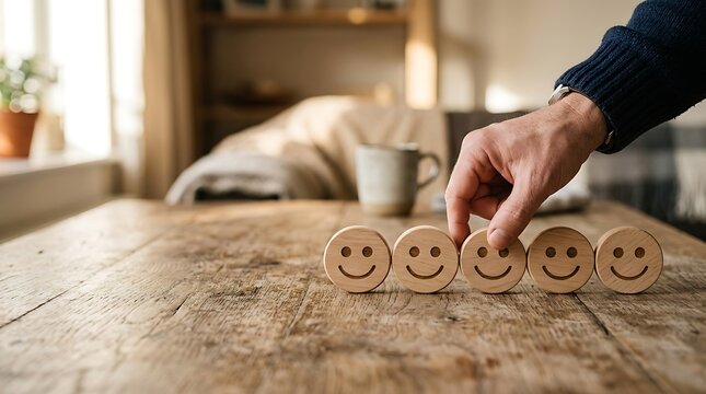 Hand arranging row of five identical happy wooden smiley face tokens on rustic table for perfect customer satisfaction or team morale concept