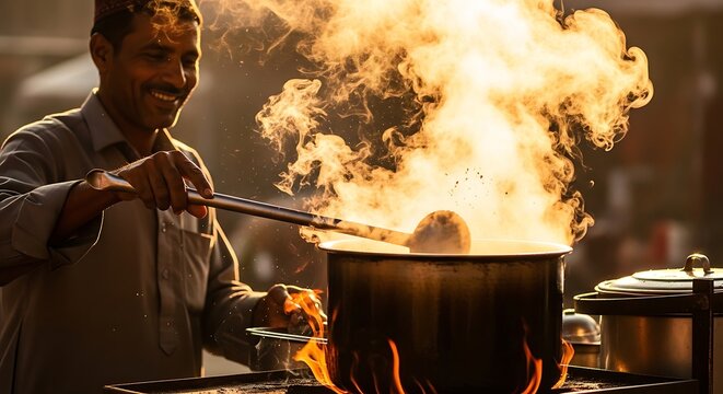 Smiling street food vendor cooking with a large pot over open fire at sunset