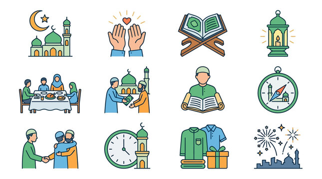 Ramadan Kareem Muslim Festive Icons Set.