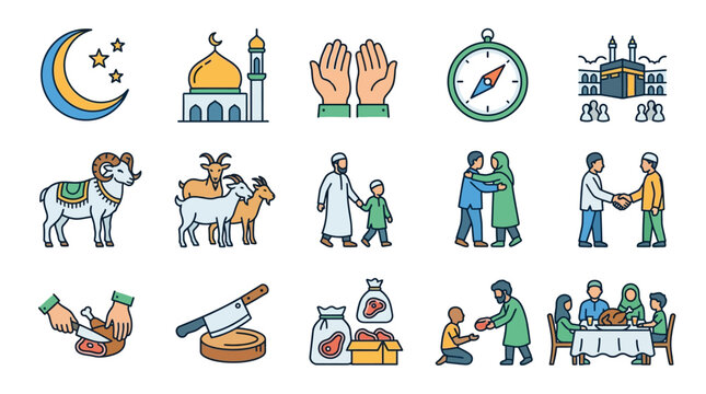 Ramadan symbols and people illustrations.