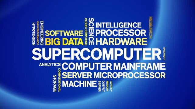 Supercomputer animated word cloud-text design animation tag kinetic typography seamless loop.
