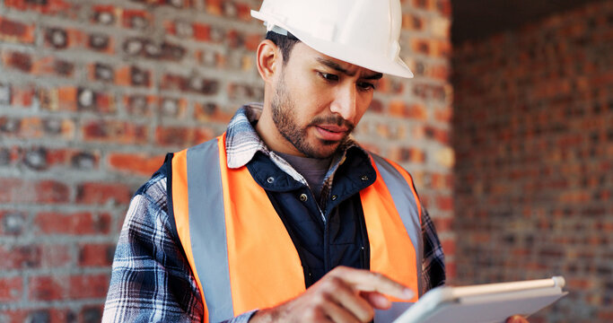 Confused, engineer or man at construction site with tablet, building problem or bad news for project. Person, reading and tech with doubt for infrastructure issue, engineering challenge and research.