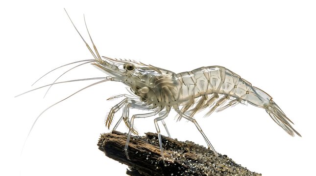 A translucent ghost shrimp perched on a piece of dark wood against a white background.