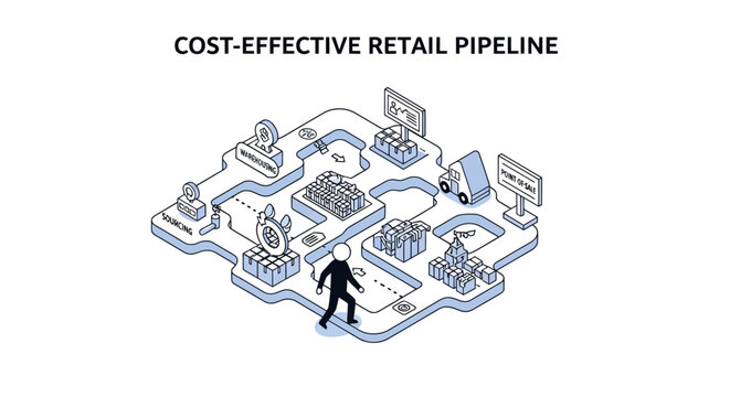 Isometric illustration of cost effective retail pipeline workflow.