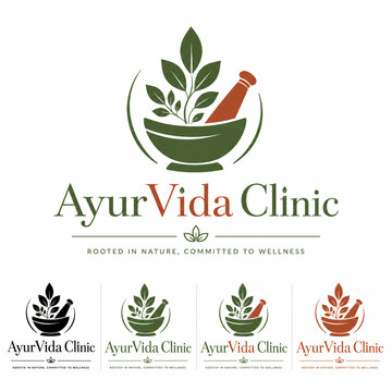 Ayurvedic clinic logo with leaf growing from mortar and pestle vector mark, natural medicine herbal brand identity in green and terracotta for holistic health practice