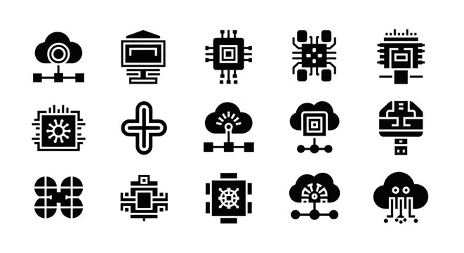 Abstract Technology Icons: Cloud Computing, AI, CPU, Data Flow