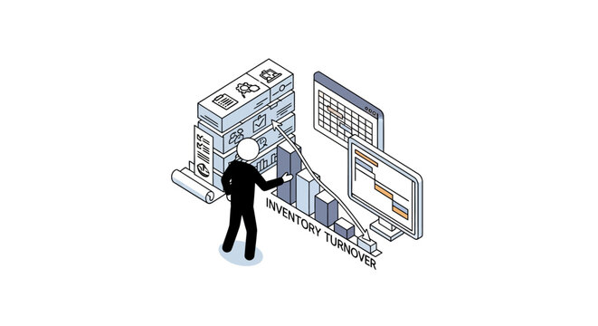 Isometric illustration of inventory management system and technician.