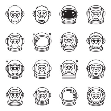 Chimpanzee astronaut heads in helmets during space exploration concept line drawings