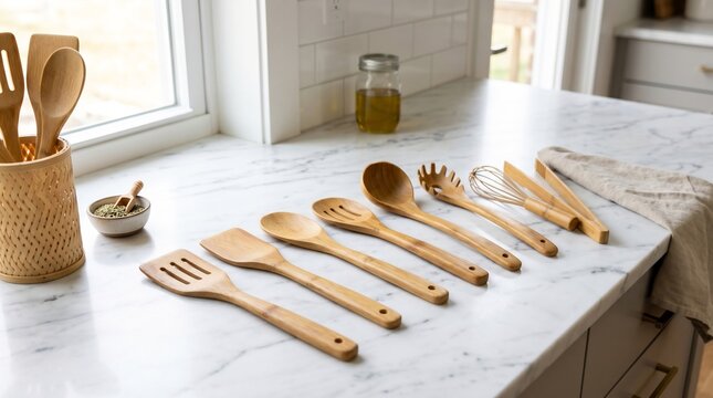 Eco Friendly Bamboo Cooking Utensils on Marble Kitchen Countertop