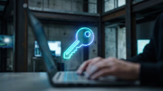 Real Estate PropTech Concept: Glowing Holographic House Key Over Blurred Laptop in Dark Workplace