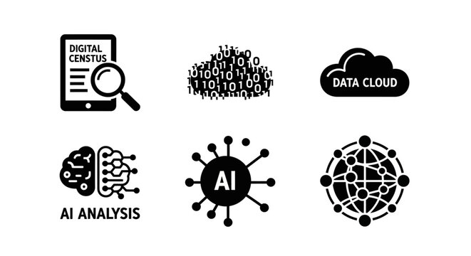 AI and Data Technology Icons: Digital Census, Binary Code, Cloud, Brain, Network