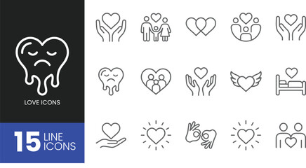 Fototapeta premium Set of love icons, thin line style, vector illustration, collection of romantic symbols, heart shapes, family, care, and relationship icons