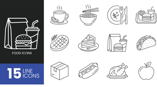Set of food line icons, including burger, drink, noodles, steak, cake, hot dog, chicken, apple and delivery box