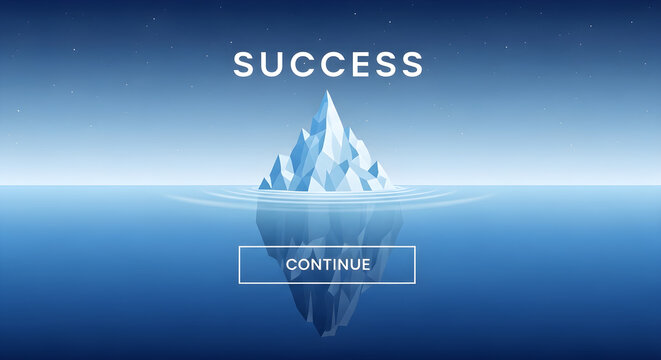 The ice iceberg floats successfully in the ocean with a continue button