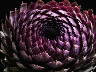 Fototapeta premium extreme macro of an opened artichoke heart, the sharp purple-tipped leaves and dark center making it look like a demonic alien flower, pure black void background, harsh dramatic side light