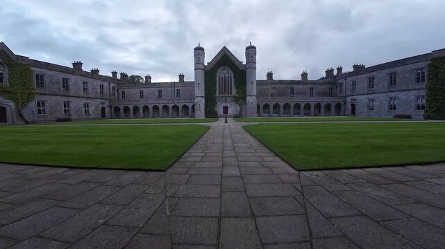 The University of Galway, quadrangle at cloudy sunset in Ireland, amazing architecture and landmark, medieval building