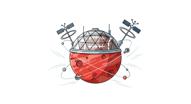 Red planet with satellite dishes.