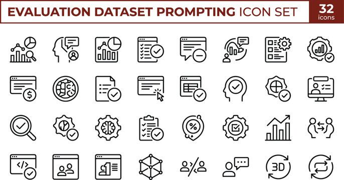 Evaluation dataset prompting icon set for AI workflow, data analysis, business productivity, content management, and digital tools