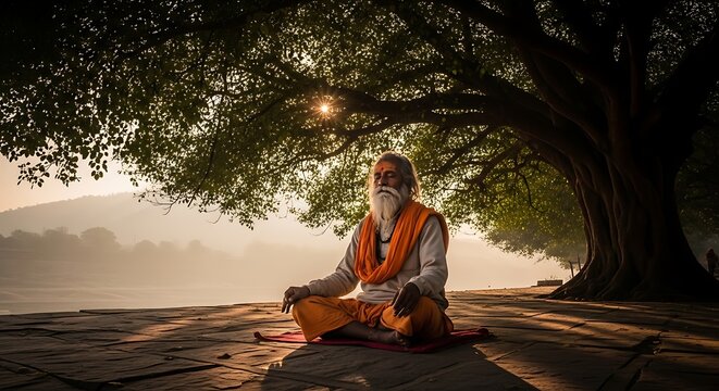 An Indian Sadhu meditating under a large banyan tree during sunrise