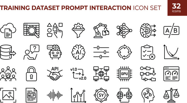 Training dataset prompt interaction icon set for AI workflow, digital tools, data analysis, business productivity, and user interface