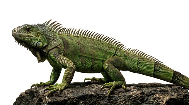 Green Iguana Resting on a Textured Rock Surface.