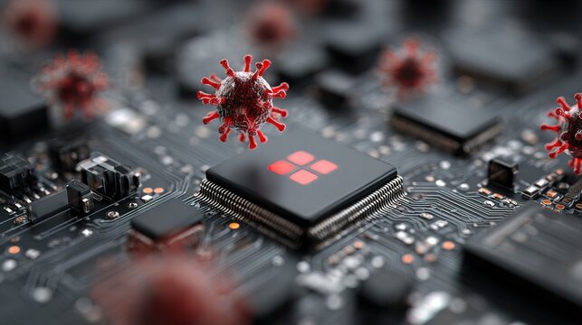 Microscopic Coronavirus Pathogen Spikes Invading Electronic Computer Circuit Board and Microchip
