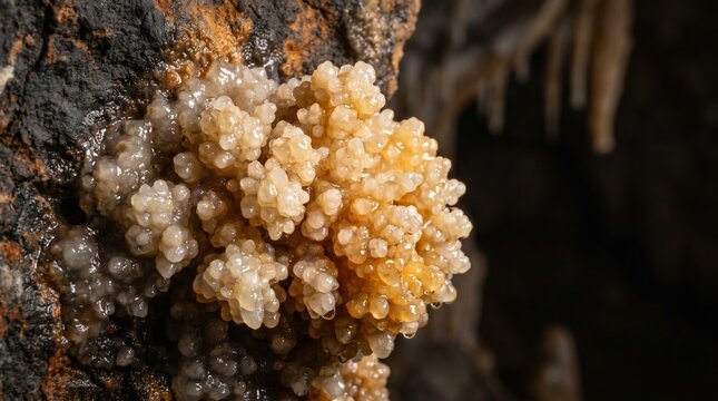 Close-up of cave popcorn coralloid speleothem mineral formations growing on a dark subterranean rock wall.