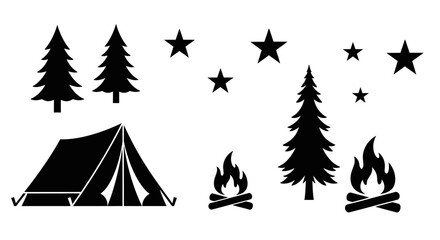 Obraz premium Camping Silhouette: Tent, Campfire, Trees, and Stars